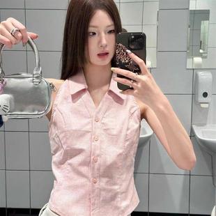 设计感露肩修身 2025新款 女夏季 韩版 甜辣风粉色POLO领挂脖背心衬衫