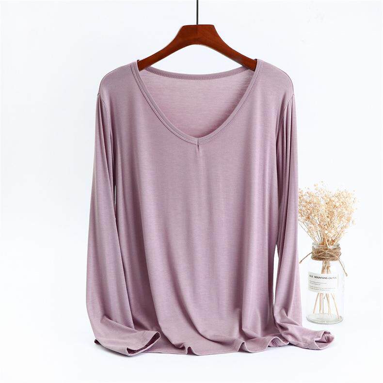 2025新款韩版2023春秋薄款莫代尔长袖T恤女V领显瘦内搭打底衫纯色