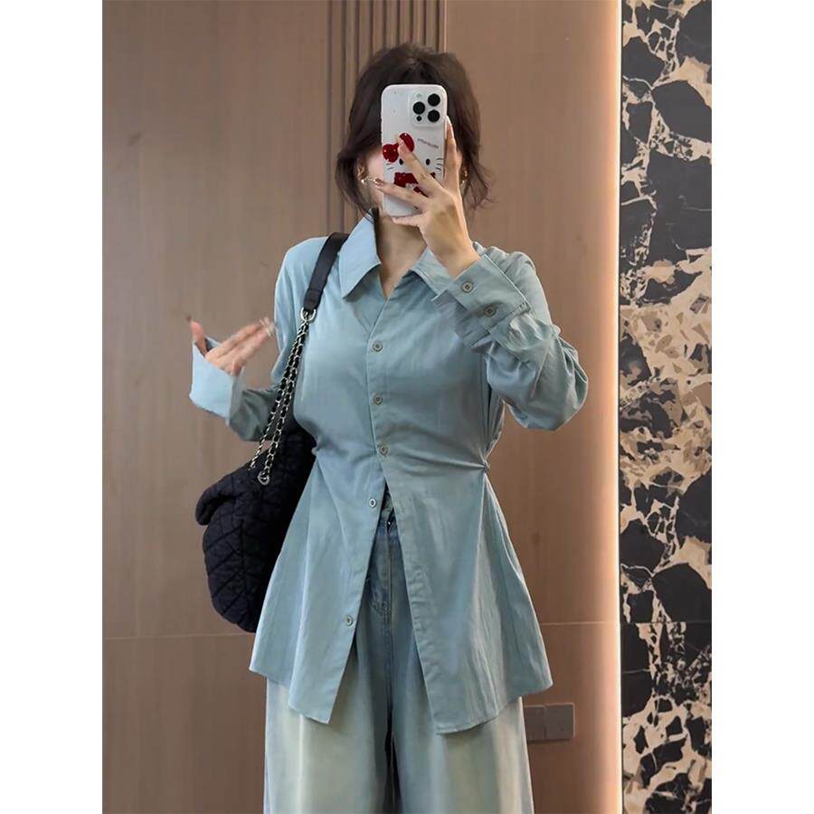 2025新款韩版大码胖MM韩系设计感收腰显瘦长袖衬衫女春季2025新款