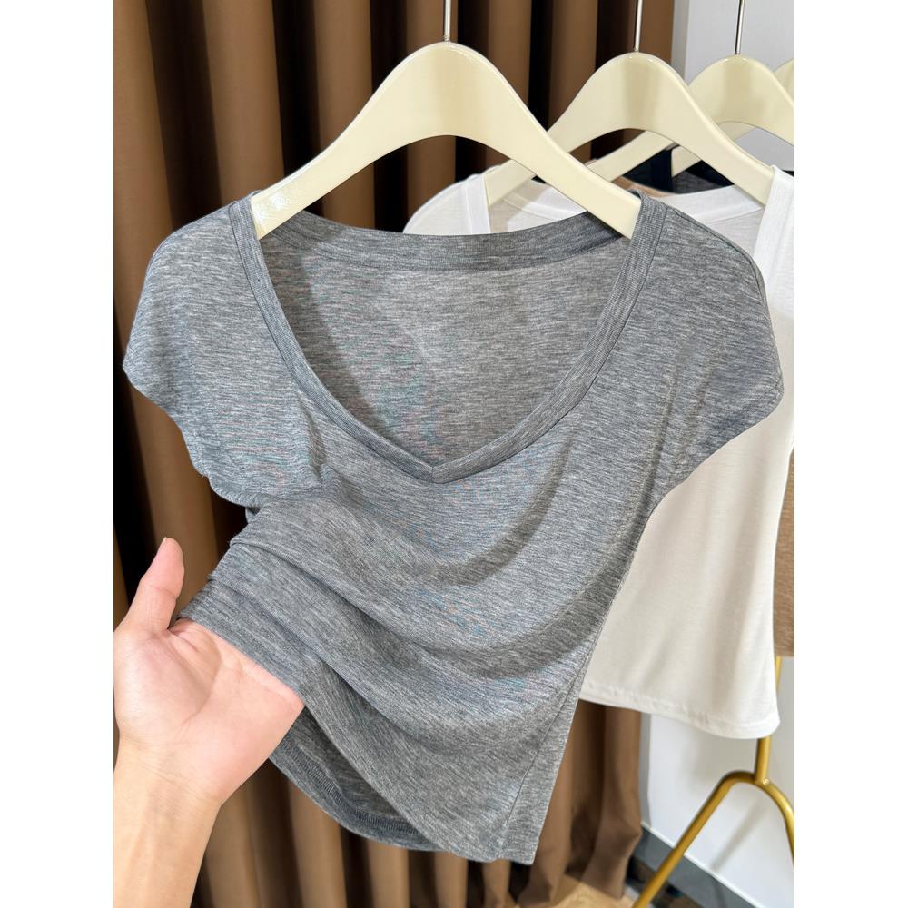 2025新款韩版短款超薄V领针织插肩短袖女上衣2025新款大领口打底