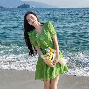 2025新款 公主裙海邊連衣裙仙女裙子女夏渡假出游綠色荷葉邊收 韓版