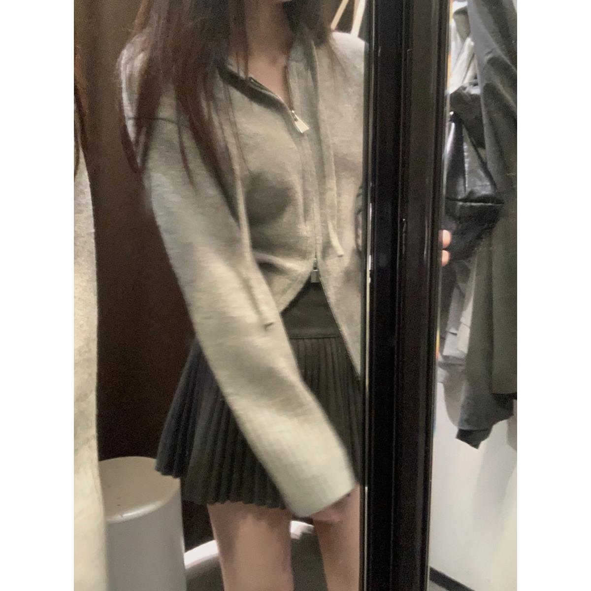 2025新款韩版灰色连帽内搭针织开衫女秋冬新款设计感双拉链上衣外