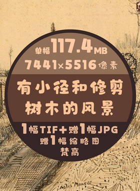有小径和修剪树木的风景素描速写线描超高清图梵高单幅作品临摹图