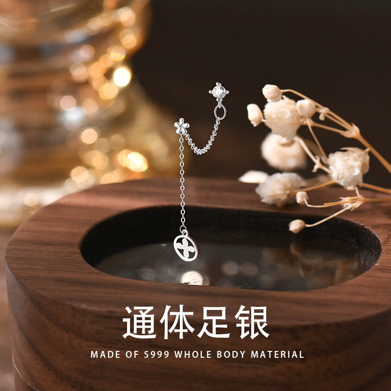 s999纯银双耳洞螺丝拧扣幸运草耳线女足银防过敏时尚吊坠耳钉饰品