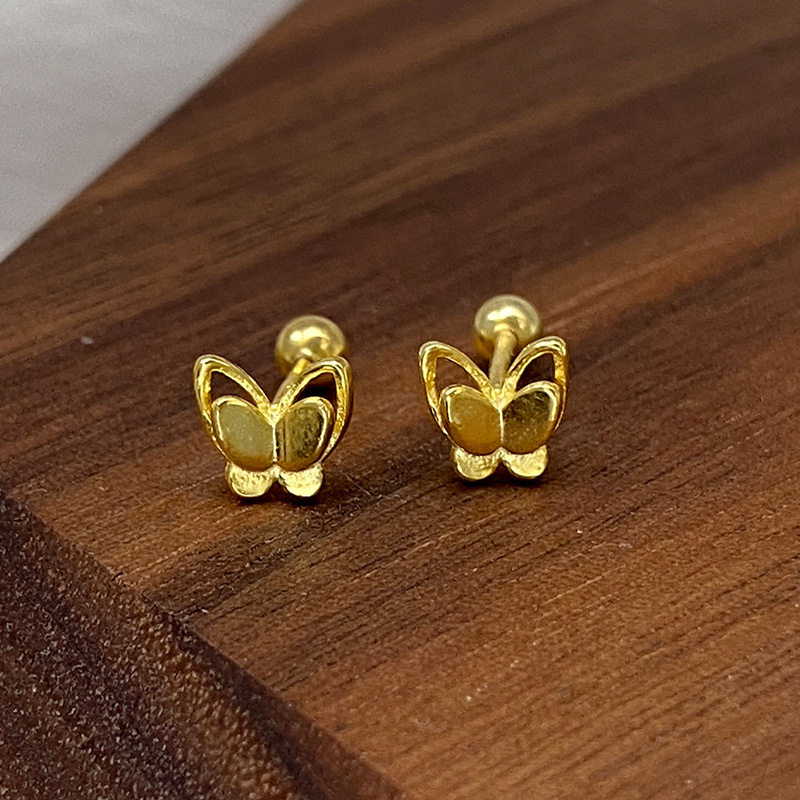 足银镀黄金色防过敏镂空蝴蝶耳钉纯银s999养耳洞耳骨钉轻奢饰品女