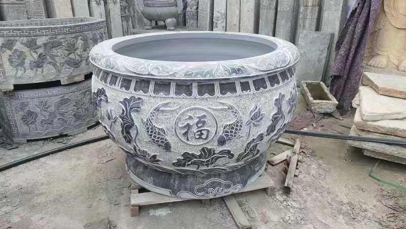 石雕花盆鱼缸庭院石头荷花水缸青石仿古石盆户外石缸养鱼石材圆缸