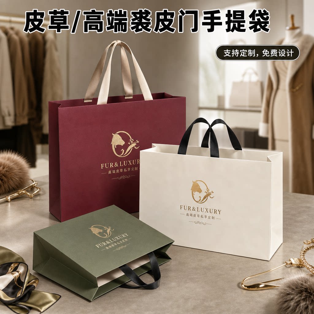 服装店手提袋皮草裘皮店典雅品牌服饰大容量纸袋购物袋印字Y434