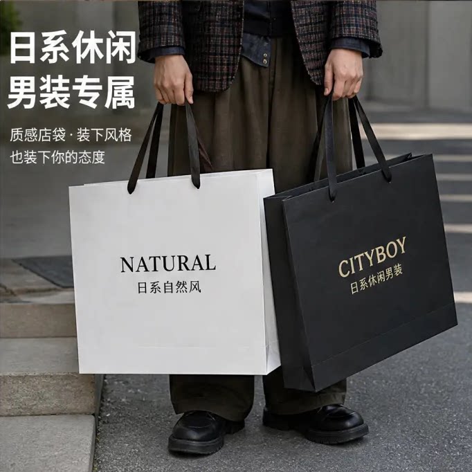 服装店手提袋日系休闲男装包装袋定制加厚纸袋大容量购物袋Y421