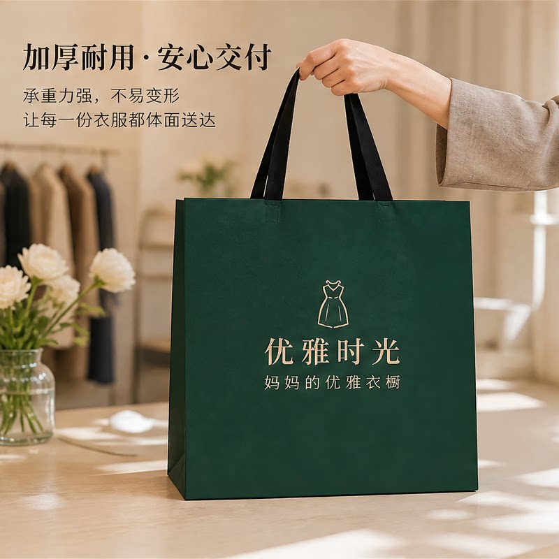 时尚服装店手提袋中年女装购物袋定制logo纸袋墨绿色打包袋Y472