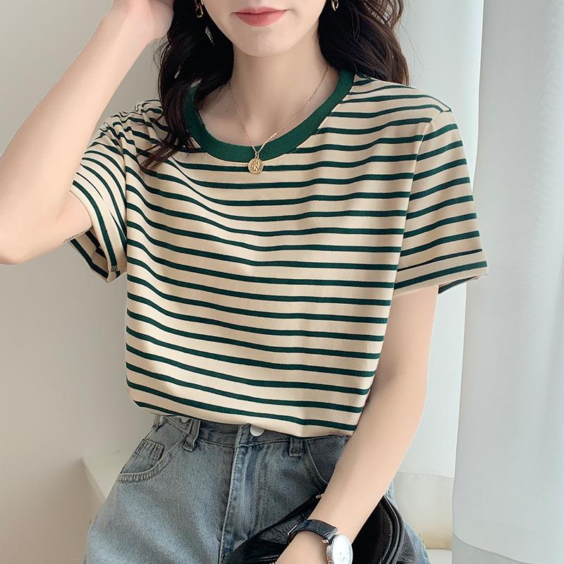 广州潮牌美衣服饰制衣有限公司清新绿色条纹T恤女夏季短袖2025新