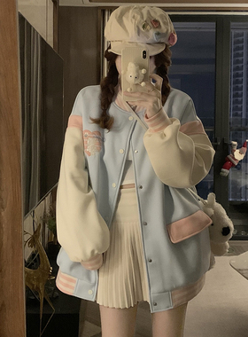 甜美学院风棒球服外套女2025年春秋新款宽松爱心刺绣百搭夹克上衣