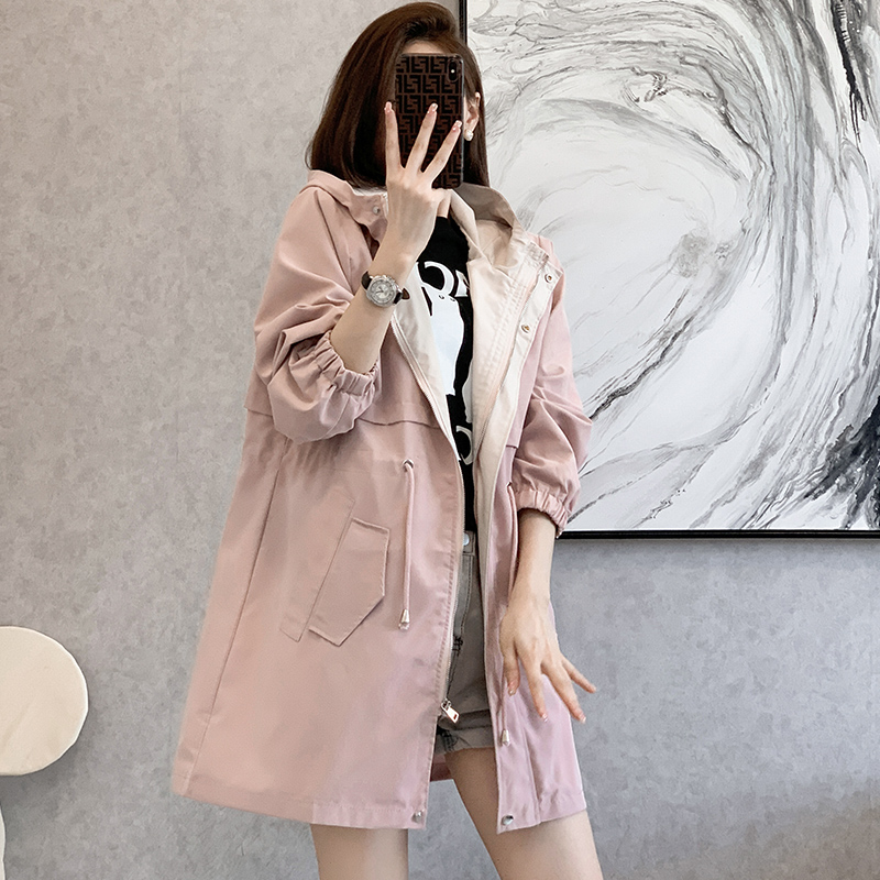 2022b秋季新款韩版学院风宽松大码收腰风衣女中长款连帽休闲外套