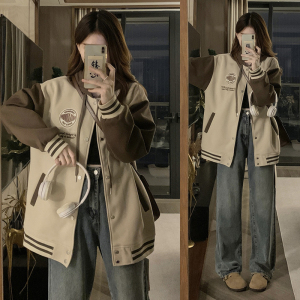 拼色连帽棒球服女春秋季2024新款宽松刺绣百搭超好看学生卫衣外套