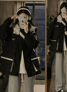 美式复古情侣冲锋衣女2025春秋新款宽松大码休闲百搭学生夹克外套