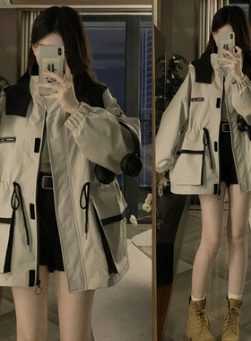 冲锋衣外套女2025春秋新款宽松大码收腰显瘦学生拼接连帽工装风衣