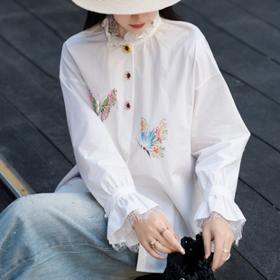 一善26早春新款法式复古气质小女人蕾丝拼接印花衬衫405