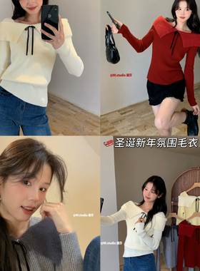 一善小众设计优雅蝴蝶结假两件一字肩仙女修身显瘦新年毛衣m8860