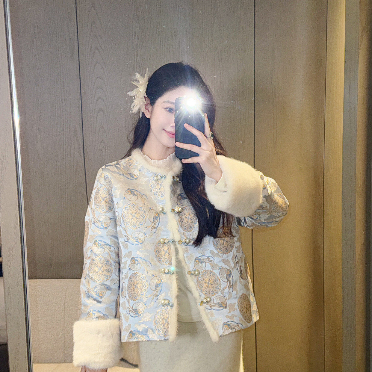 一善设计国风新中式-锦拼水貂毛羽绒内胆外套保暖羽绒服外套W046