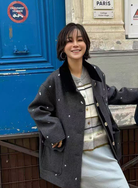 一善重工满身小碎花刺绣宽松厚实中长款羊毛外套含45羊毛14842