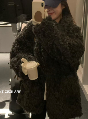 一善家新款皮草外套环保羊羔毛仿皮毛一体中长款宽松短外套51199j