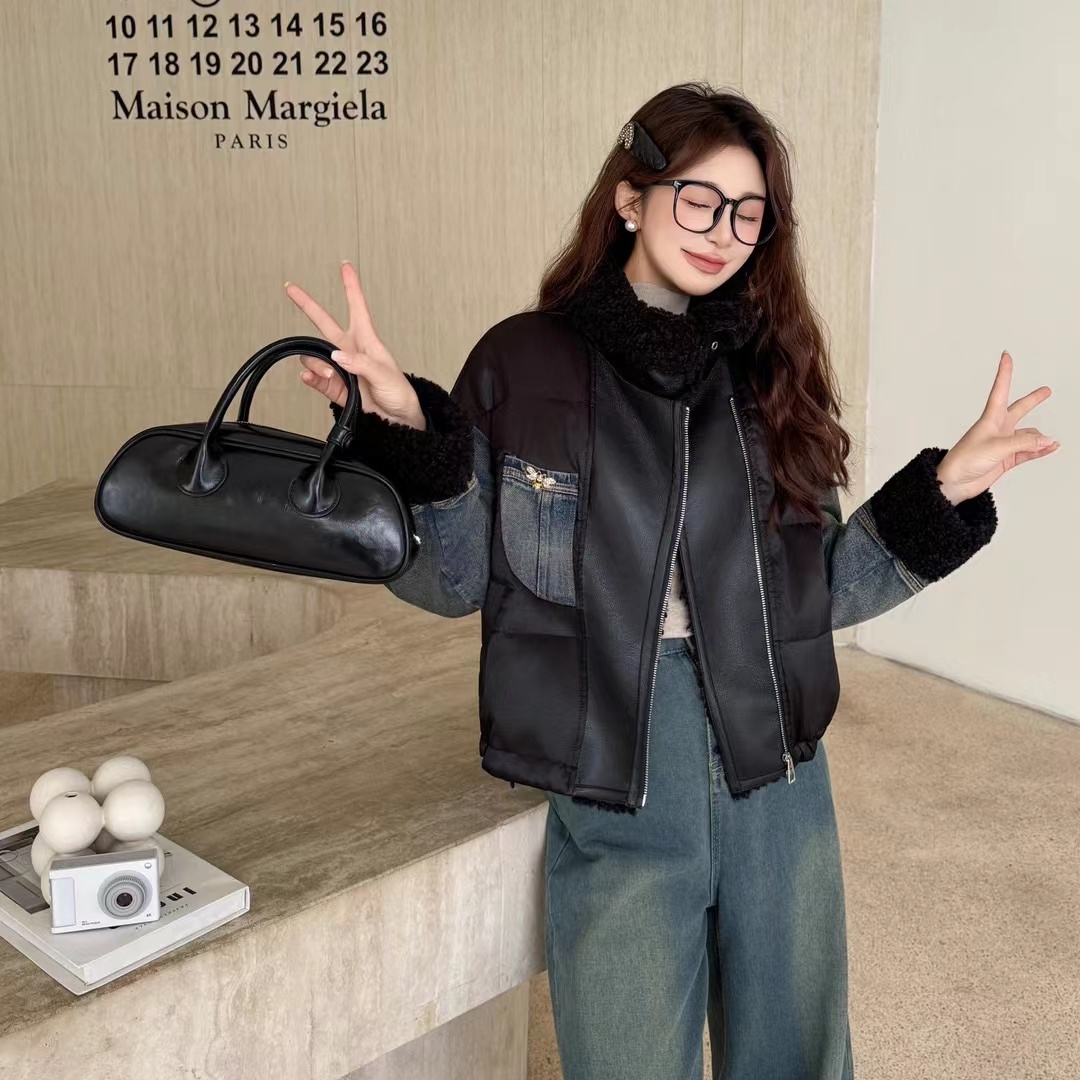 一善设计松牛仔拼接保暖白鸭绒外套羽绒服(含50白鸭绒)WW2969