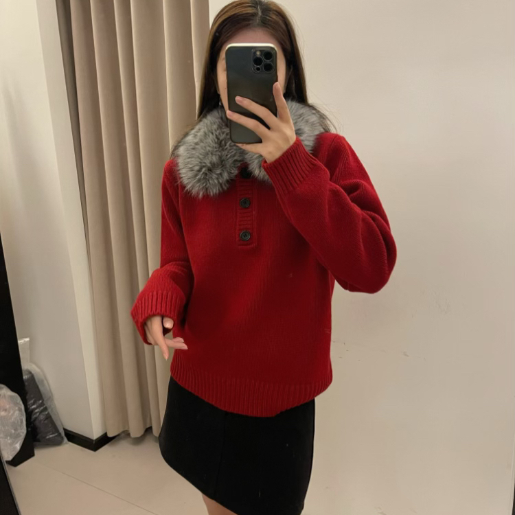 一善针织上衣保暖毛衣(配可拆仿狐狸毛毛领)含100绵羊毛018388
