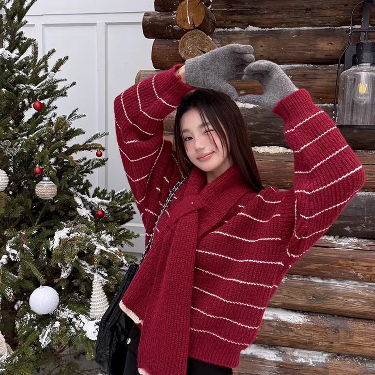 一善小众设计围脖圆领条纹软糯外套毛衣(配同系围巾)L-L善FS68308