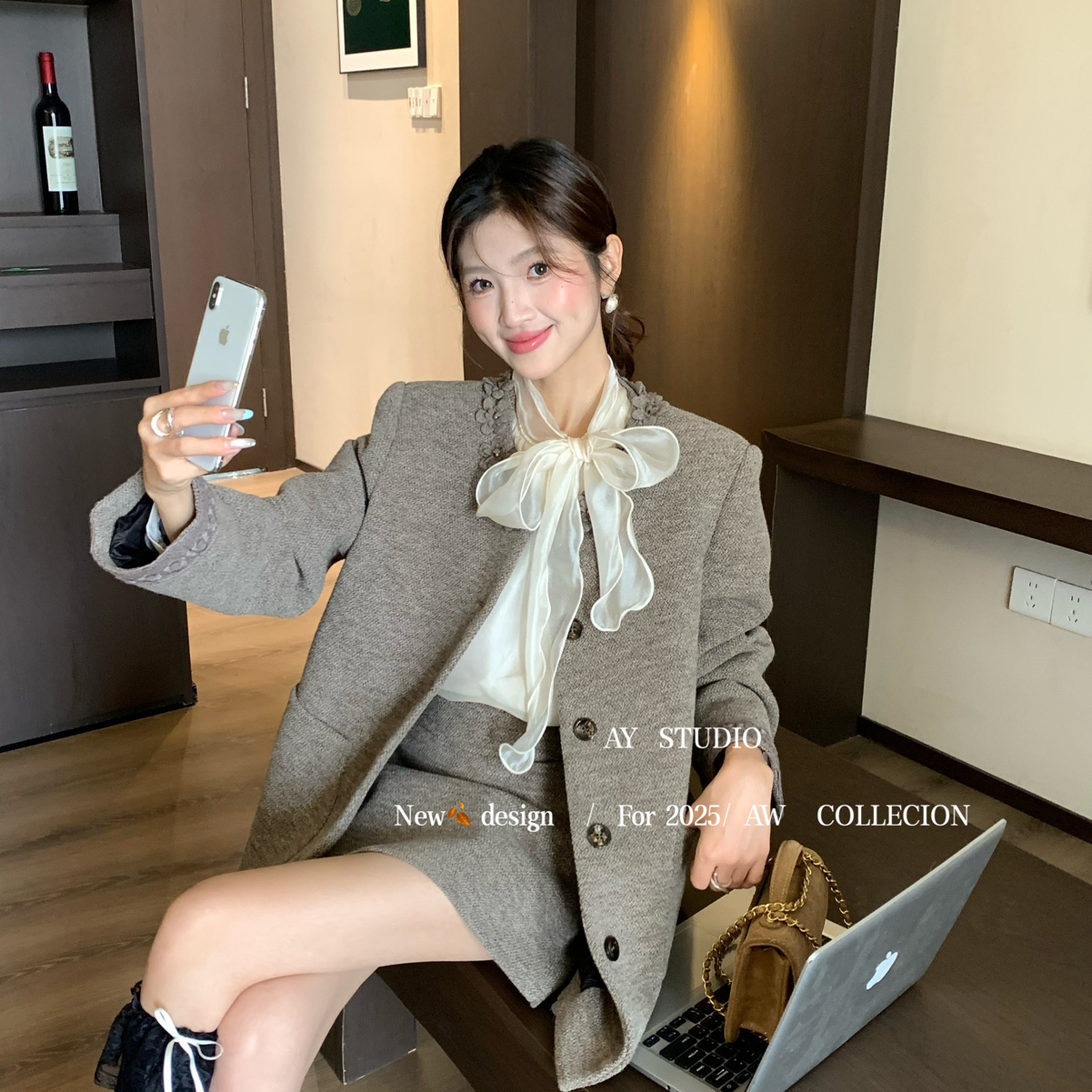 一善山茶花朵羊毛呢90白鸭绒内胆羽绒外套+半裙套装AW88396