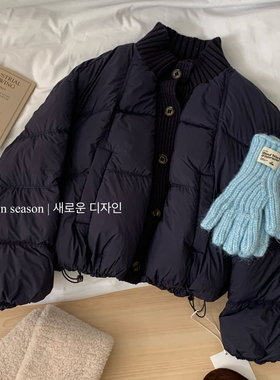 一善小众设计上新复古立领绗缝针织拼接保暖羽绒服外套100372