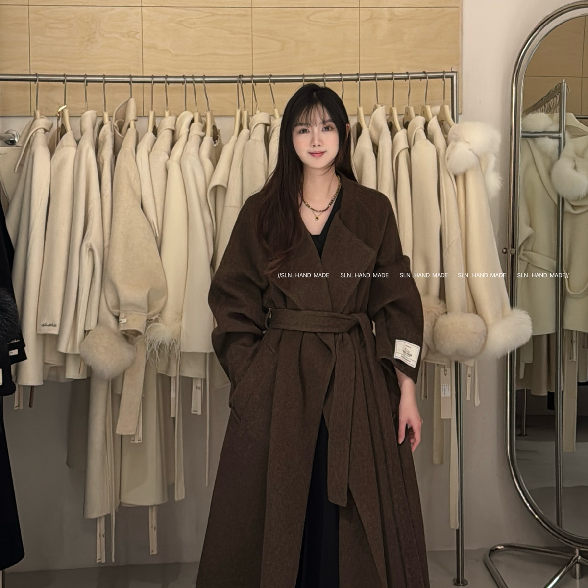 一善列加厚牦牛绒大牌翻领长款羊毛外套(配腰带)(含90羊毛)25-800