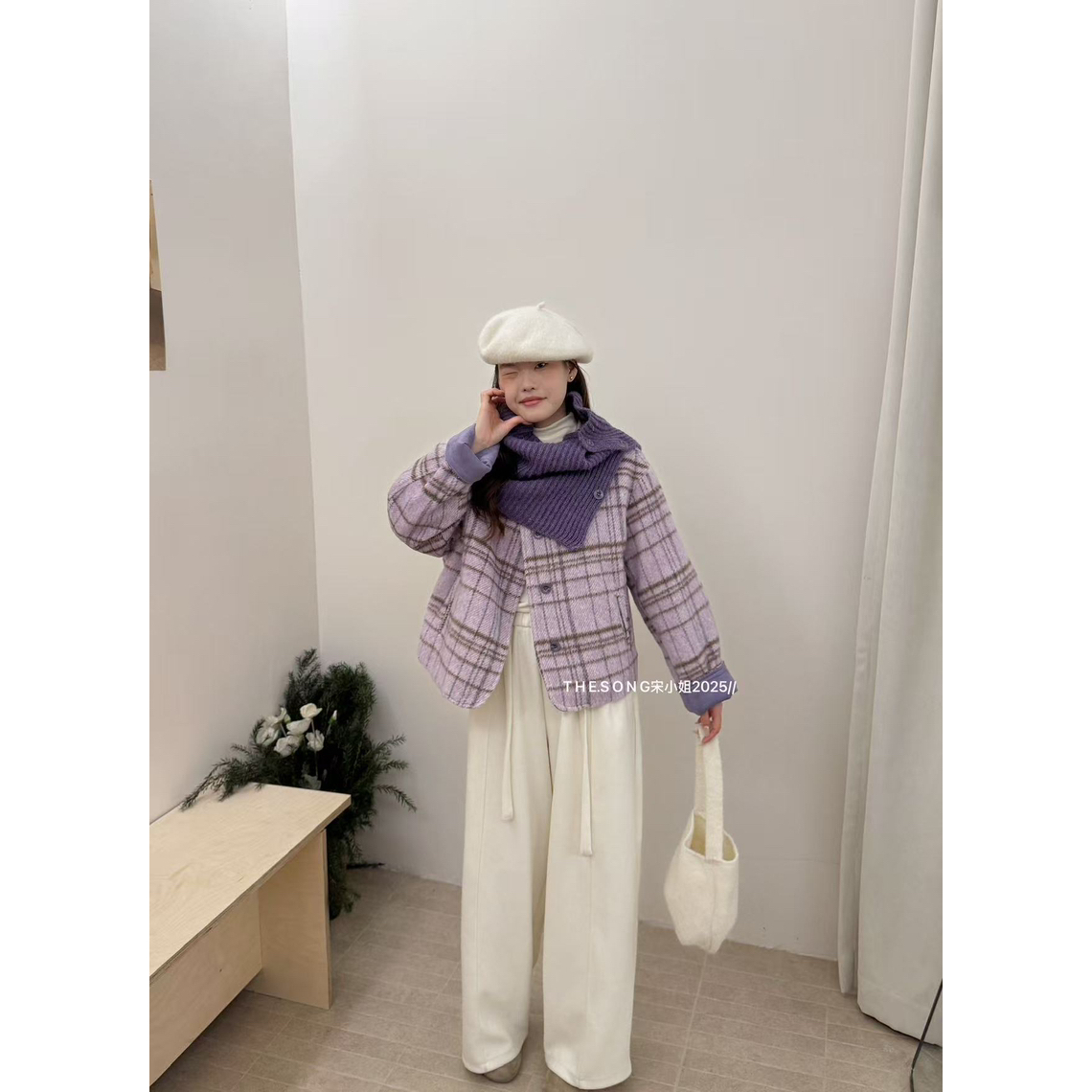 一善冬上新格纹复古韩系时尚短外套(配围脖)58098