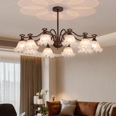 U.S.-French-style chandeliers and creative red bell orchids.