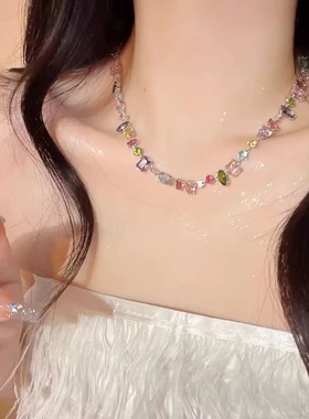 甜心糖果彩色水晶锆石项链轻奢高级感爱心彩虹锁骨链女ins小众潮