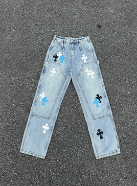 十字架拼皮牛王B73大理石水洗冰蓝宽松直筒男女仔cleanfit长裤