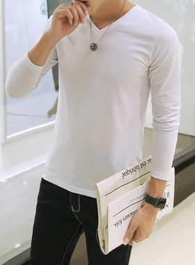 9.9元长袖t恤男春秋薄款秋衣宽松圆领内衣纯色白色体恤男士打底衫