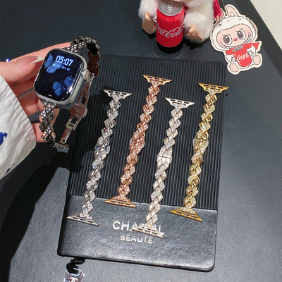 适用iwatch10表带S9苹果S10手表9金属亮钻series蝴蝶扣S8蛇菱形s7女款applewatch8腕带7高级感watchs6/5/4/se