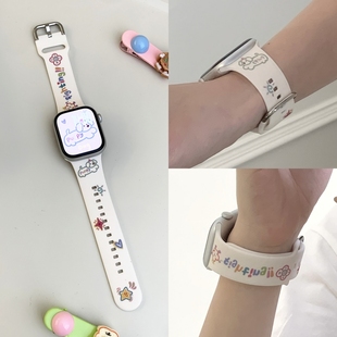 适用iwatch10表带s9苹果s10手表9卡通小熊applewatch8可爱小狗series高级感SE白色硅胶针扣式Ultra2女款6/7代