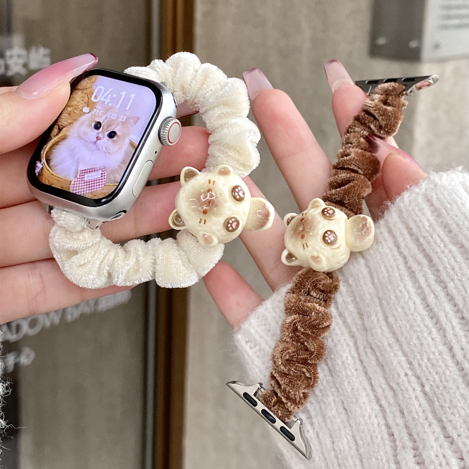 适用applewatchS11单圈尼龙发圈弹力表带苹果手表iwatch10/9/8/7/6卡通可爱公仔ultra3代S透气腕带se秋冬新款