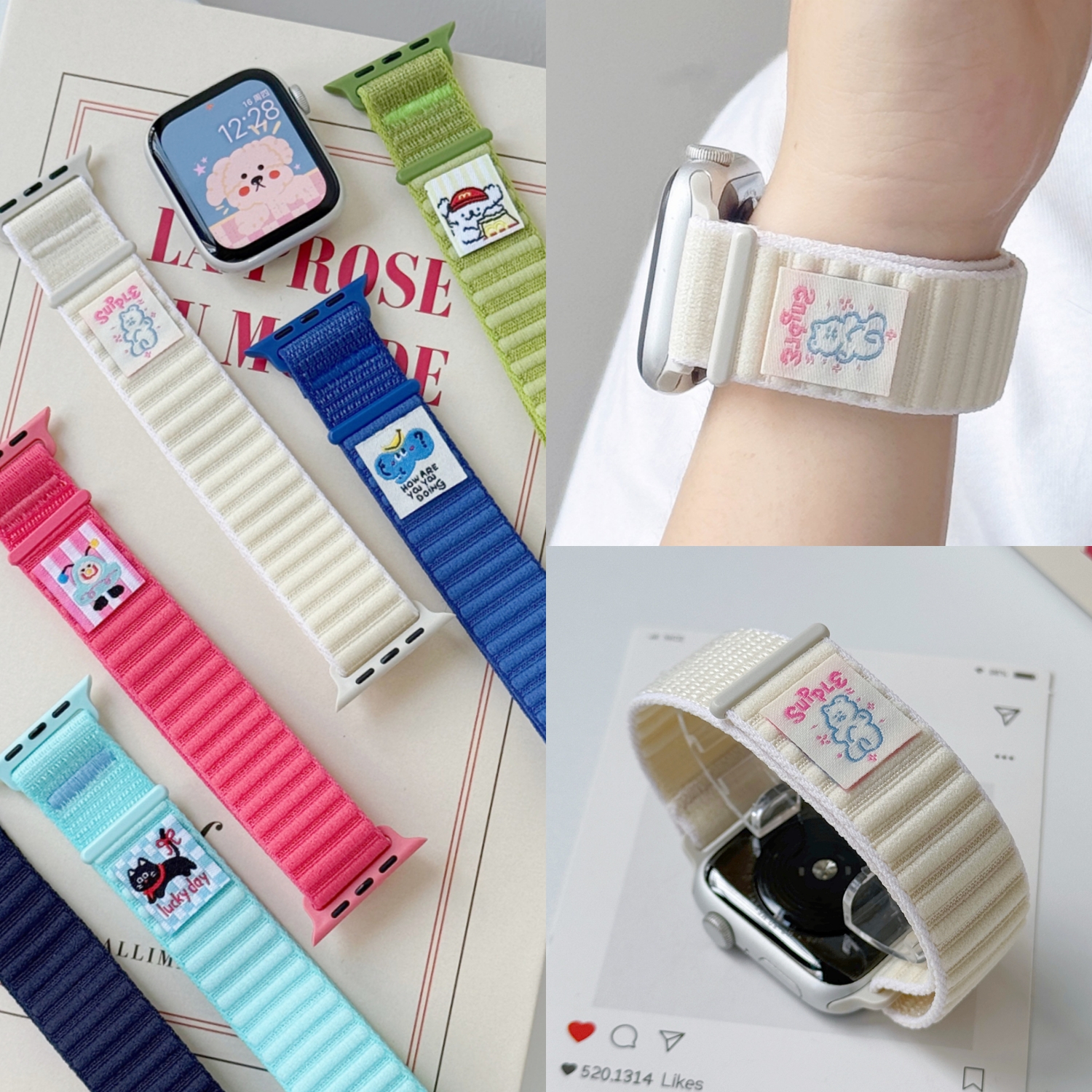 适用applewatch10苹果S11表带S9手表iwatch新款S10可爱小动物S8魔术贴7编织6卡通se3简约ultra可爱series男女