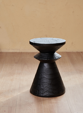 原木墩子木桩凳实木侘寂炭烧黑色沙发旁边角几摆件底座根雕矮凳子