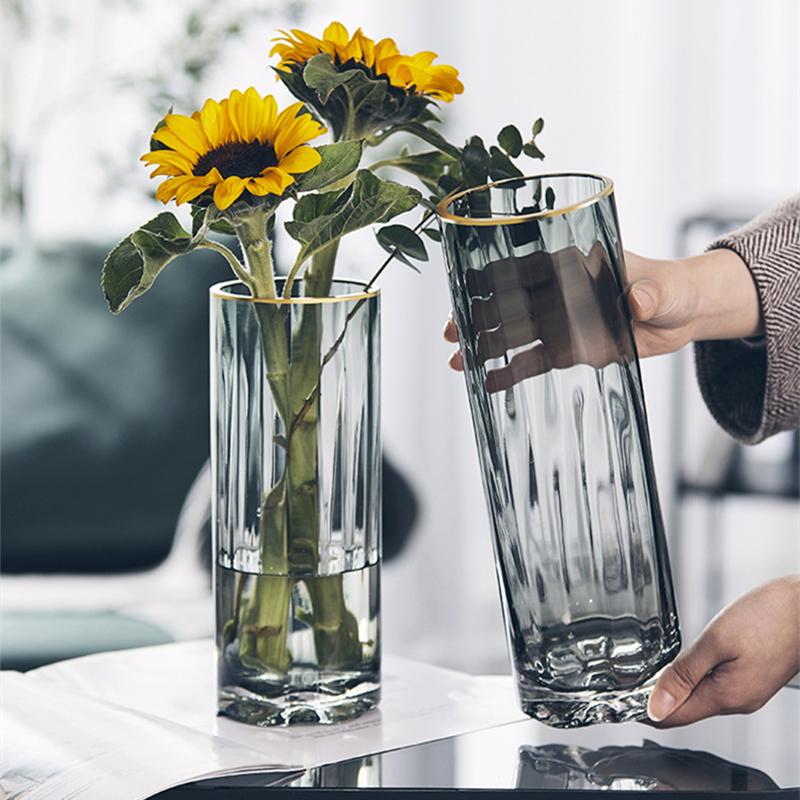 欧式轻奢镶金简约条纹玻璃花瓶