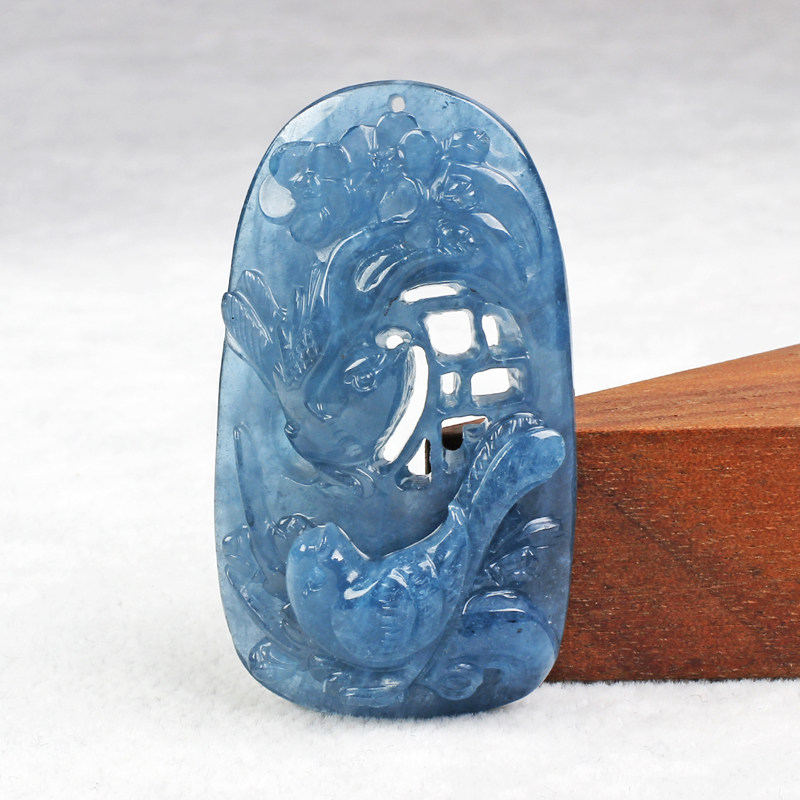 海蓝宝喜上眉梢吊坠魔鬼蓝水晶项链镂空款喜鹊闹梅挂绳颈饰小配饰