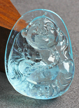 冰种弥勒佛海蓝宝原石雕刻本命佛公吊坠情侣款蓝色水晶项链毛衣链