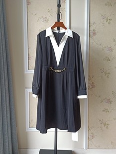 连衣裙 黑色翻领收腰气质显瘦长袖 哥bang撤柜品牌折扣女装 春秋新款