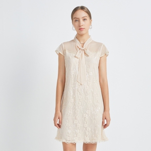 新款 候feng夏季 亮片系带领提花连衣裙 季 旗袍连衣裙改良直筒年轻版