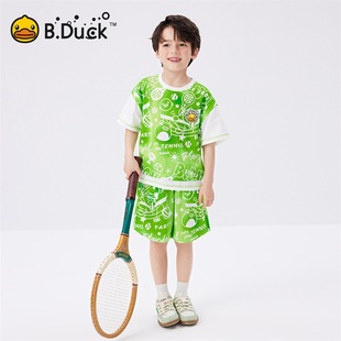 小黄鸭童装男童套装夏2024新款潮酷帅气儿童夏季短袖篮球服两件套