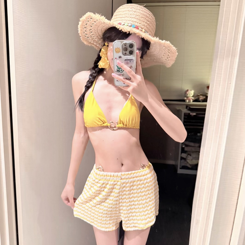 绝美可爱柠檬黄度假风比基尼泳衣女海边温泉高级性感低腰绑带泳装