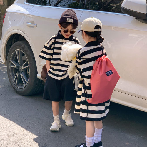 夏季童兄妹装POLO领条纹连衣裙