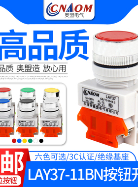 奥盟LAY37-11BN平头按钮开关自复位自锁平钮Y090(PBC)1开1闭22MM