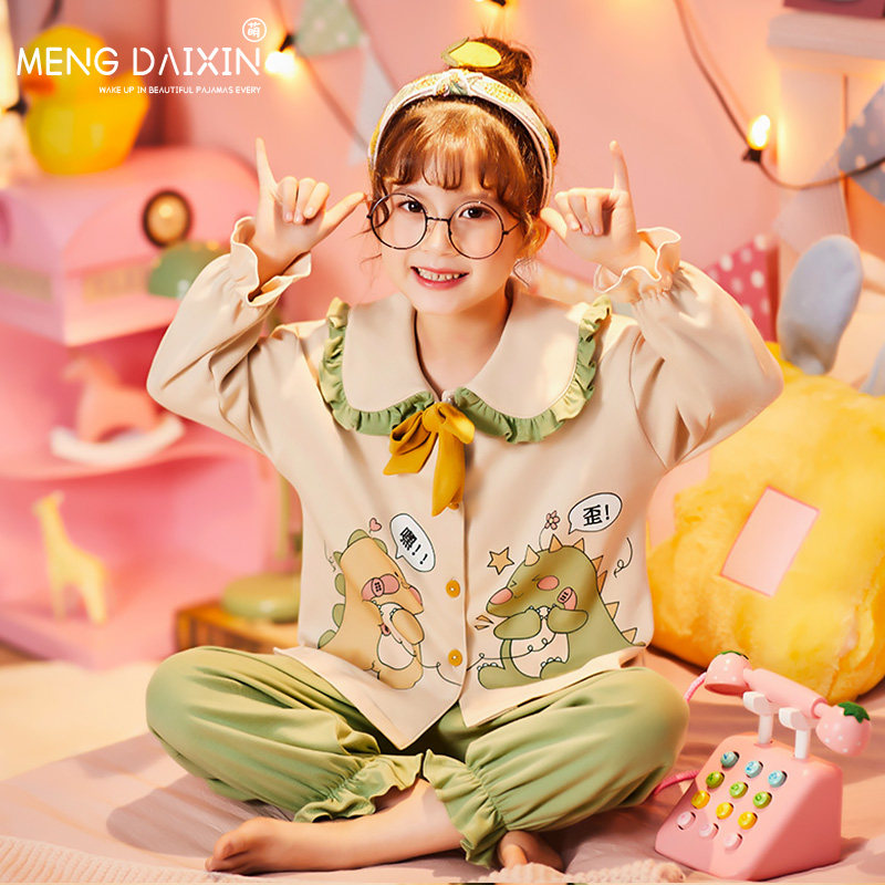 GIRLS PAJAMAS SPRING AND AUTUMN LONG SLEEVE THIN COTTON CHILDRENS SUITS SUMMER MIDDLE AND LARGE CHILDRENS ROUND NECK CARTOON BOW TIE LOUNGEWEAR